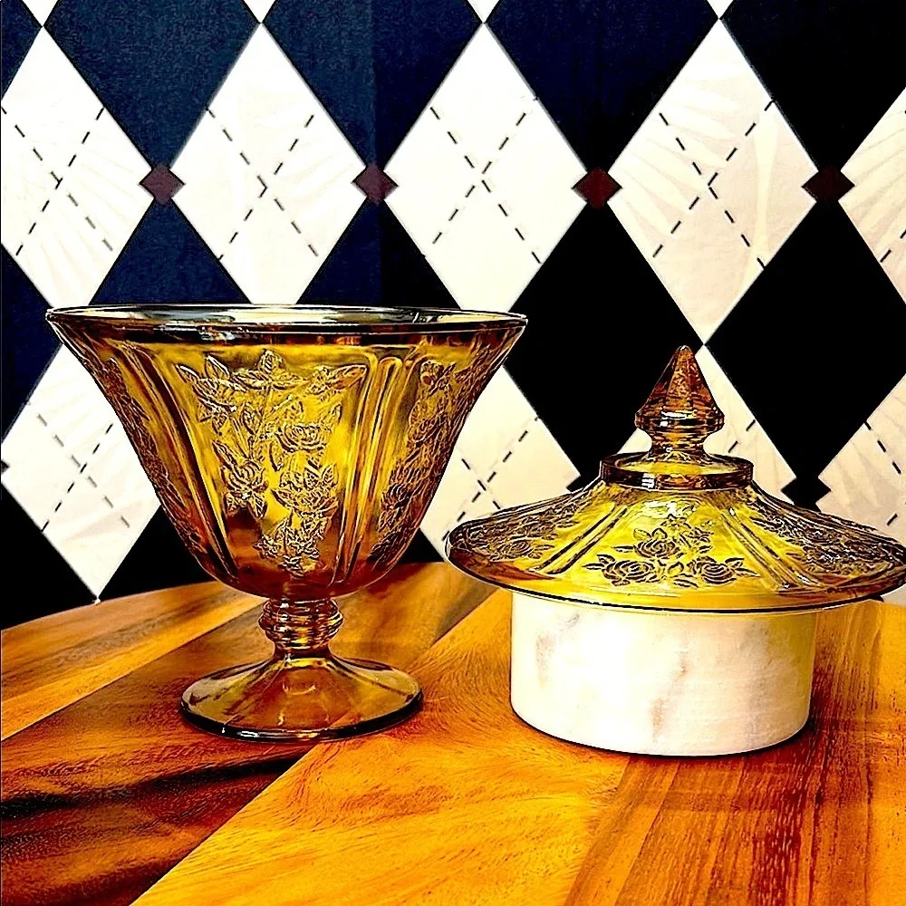 Vintage Federal Glass “Cabbage Rose” Amber Lidded Jar – Depression Glass Style - Picture 4 of 12